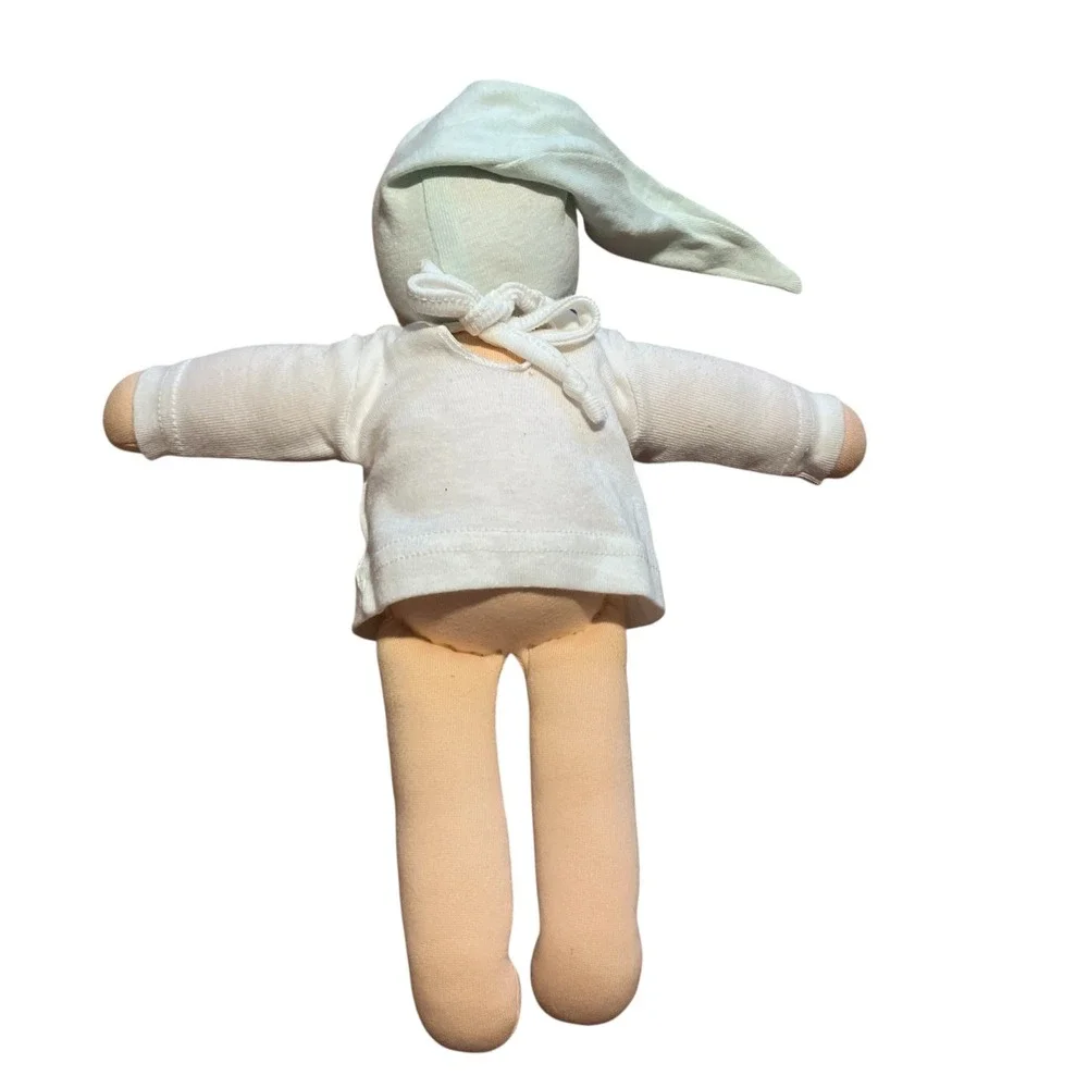 Waldorf Style Soft Plush Doll 13 Inch Handmade Fabric Toy Green Cap White Shirt